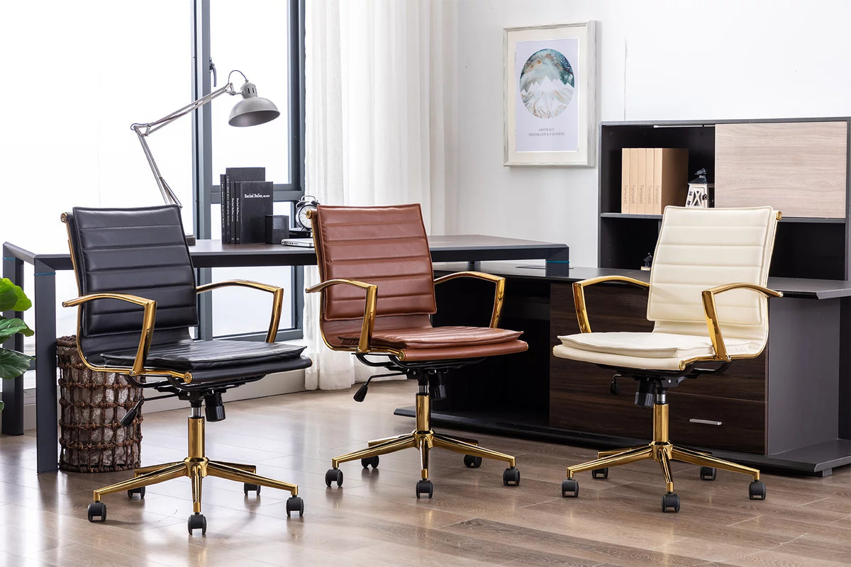 Beige Faux Leather Swivel Office Chair with Armrests H1360
