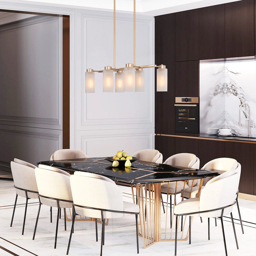 Mid-century Modern 6-Light Gold Linear Chandelier Glass Island Lights H592