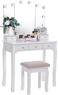 White Vanity Set with Lighted Tri-Folding Mirror 5 Drawers and Stool W261825