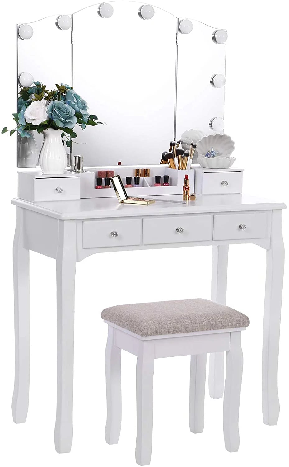 White Vanity Set with Lighted Tri-Folding Mirror 5 Drawers and Stool W261825
