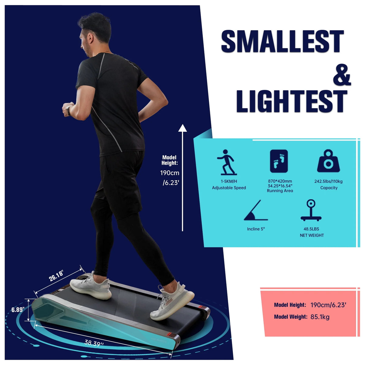 Under Desk Electric Walking Treadmill 2.0HP 5 Incline T418749