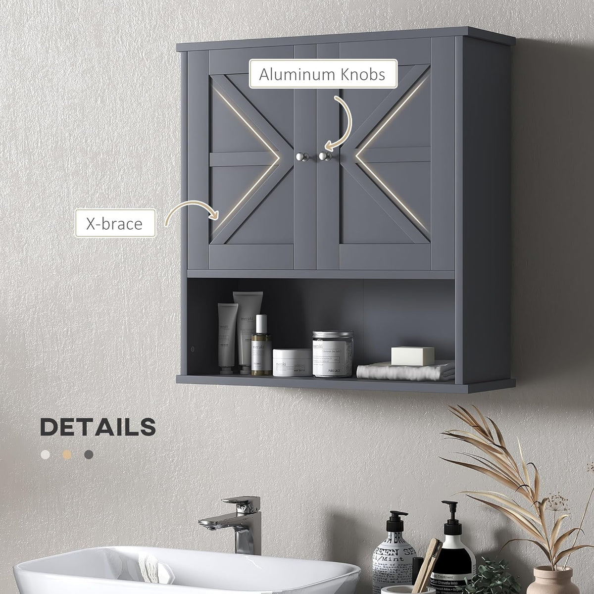 Gray Wall Mounted Bathroom Cabinet with Adjustable Shelf N569210