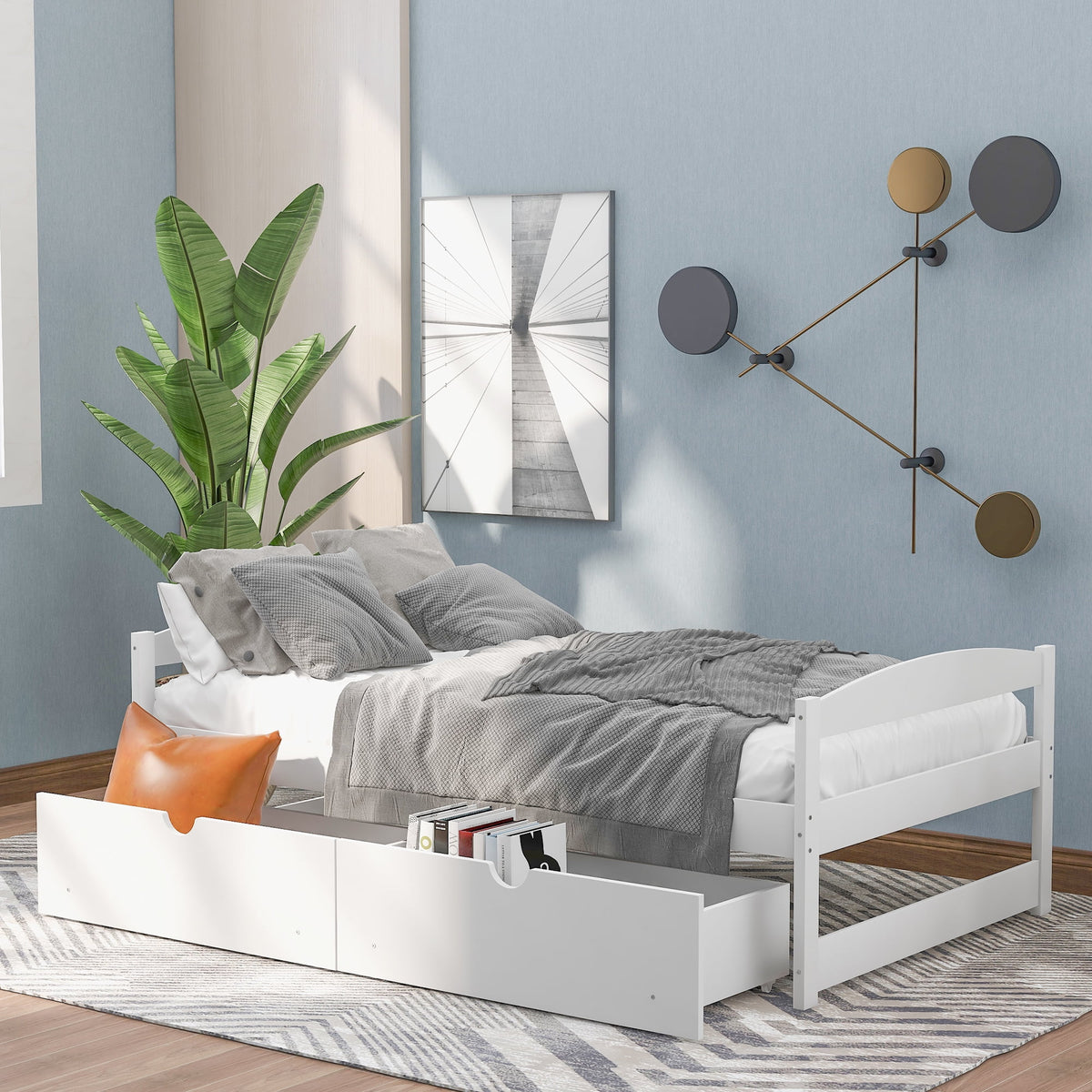 White Twin Storage Bed Frame with Drawers U7201