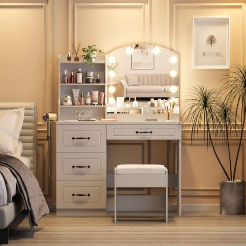 White Makeup Vanity Desk with Lights and Charging Station J98536