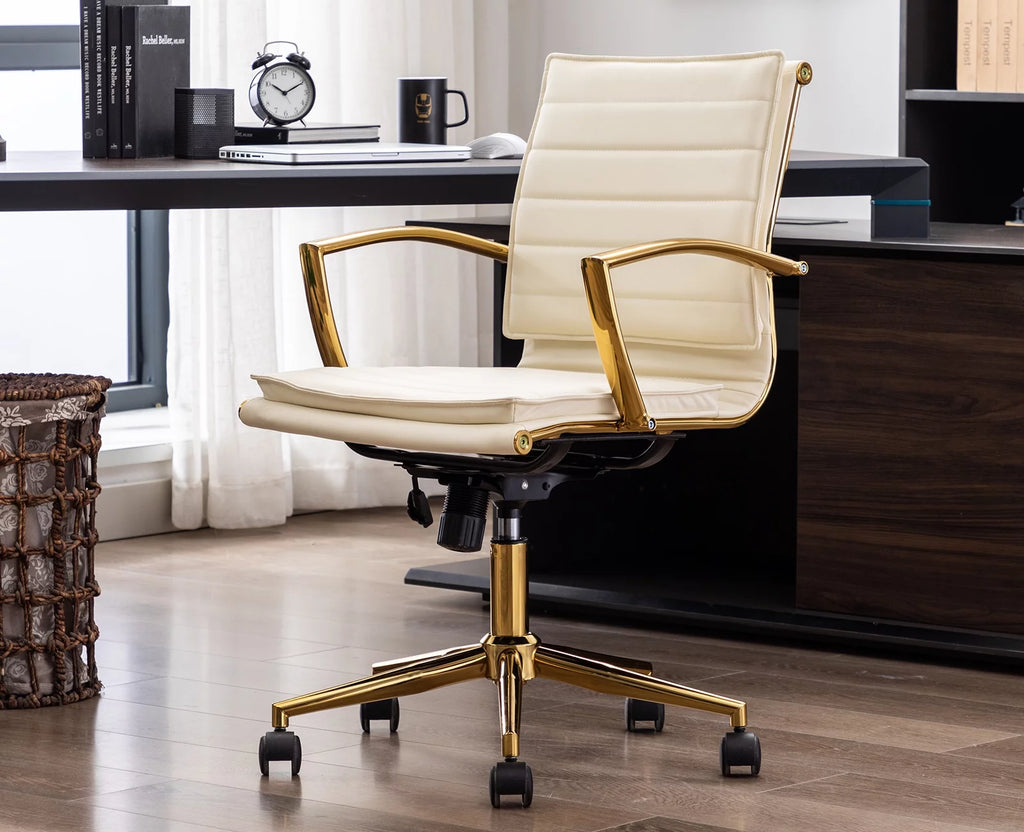 Beige Faux Leather Swivel Office Chair with Armrests H1360