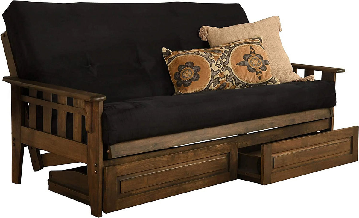 Walnut Futon Frame with Black Mattress & Storage Drawers Full Size D4573