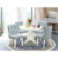 Set of 4 Linen Fabric Baby Blue Dining Chairs and 42-Inch Round Linen White Dining Table O64826