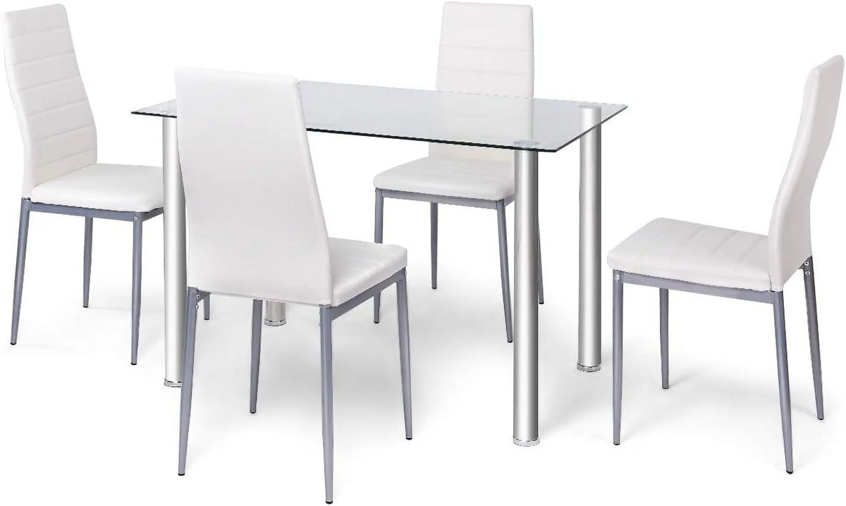 Glass Top Dining Table Set of 4 with PVC Leather Chairs V806