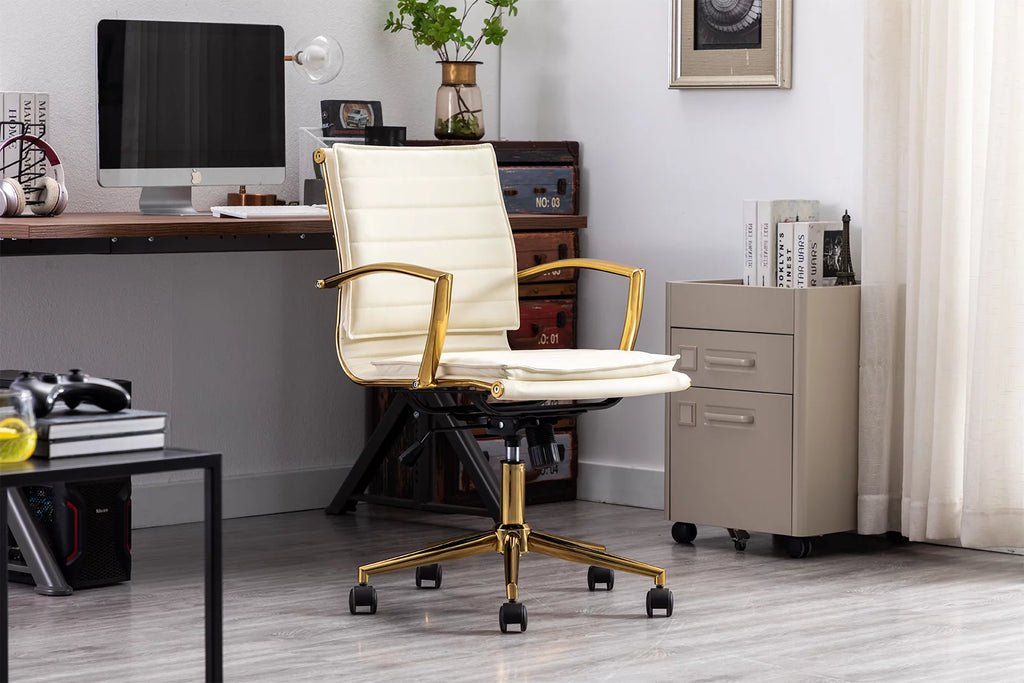 Beige Faux Leather Swivel Office Chair with Armrests H1360