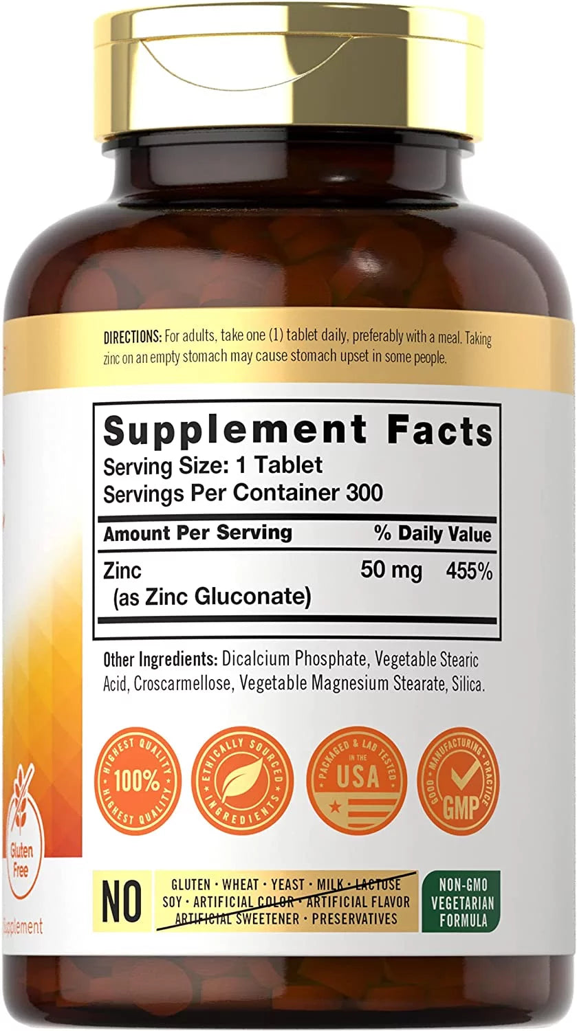 Zinc Gluconate 50mg 300 Tablets Vegetarian Formula F45055