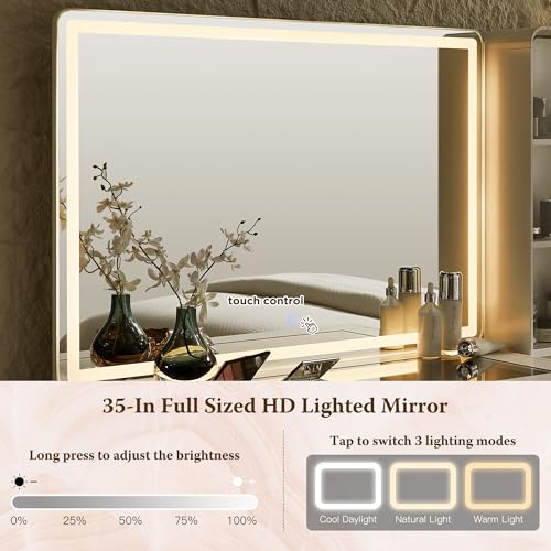 48" Glass Top Makeup Vanity Desk with Lighted Mirror and 5 Drawers K2937