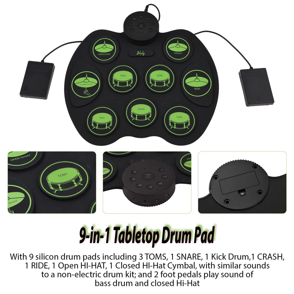 Sensitive Electronic Drum Set 9 Drum Pads 2 Foot Pedals W4441