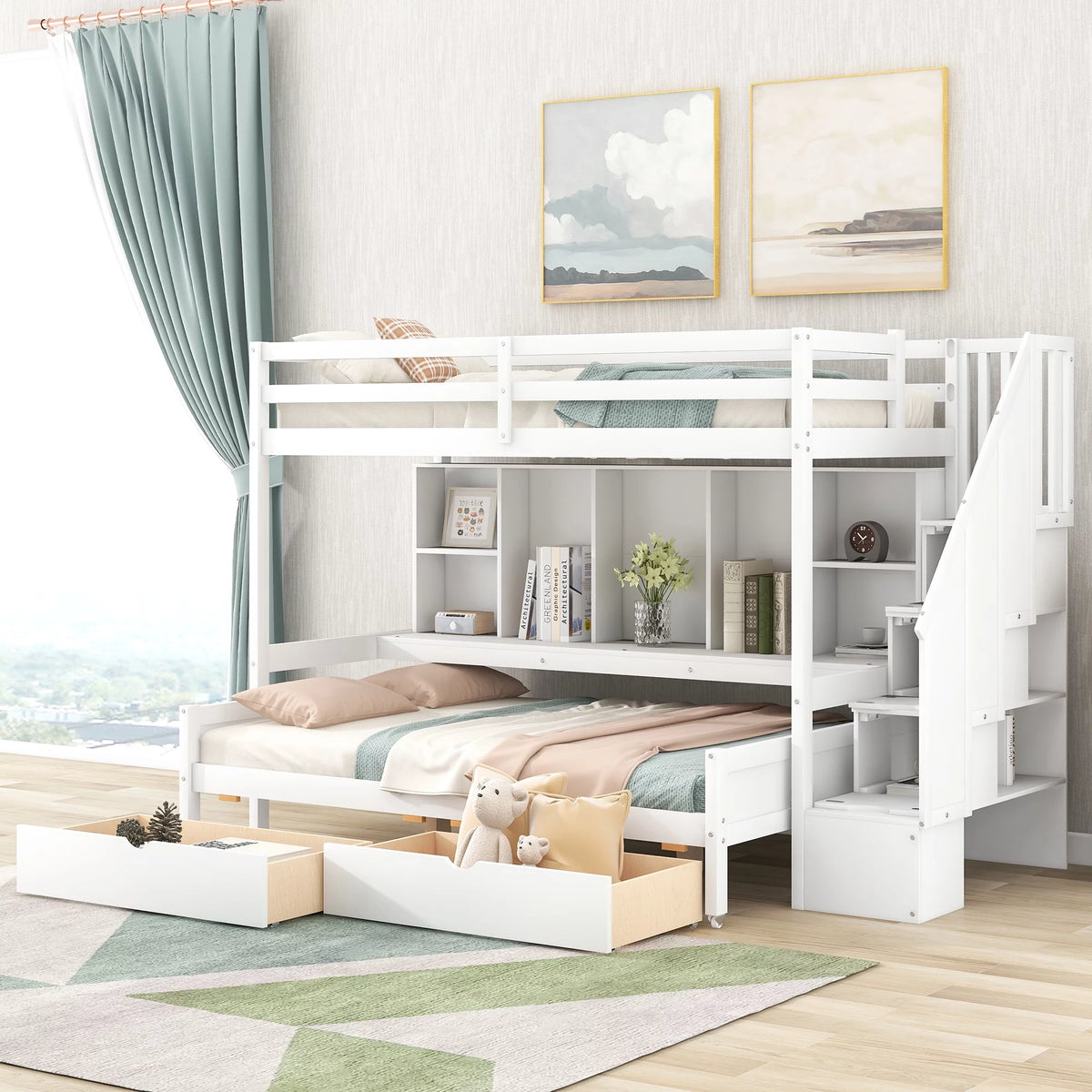 Twin XL Over Full Wood Bunk Bed with Storage Shelves and Drawers W607