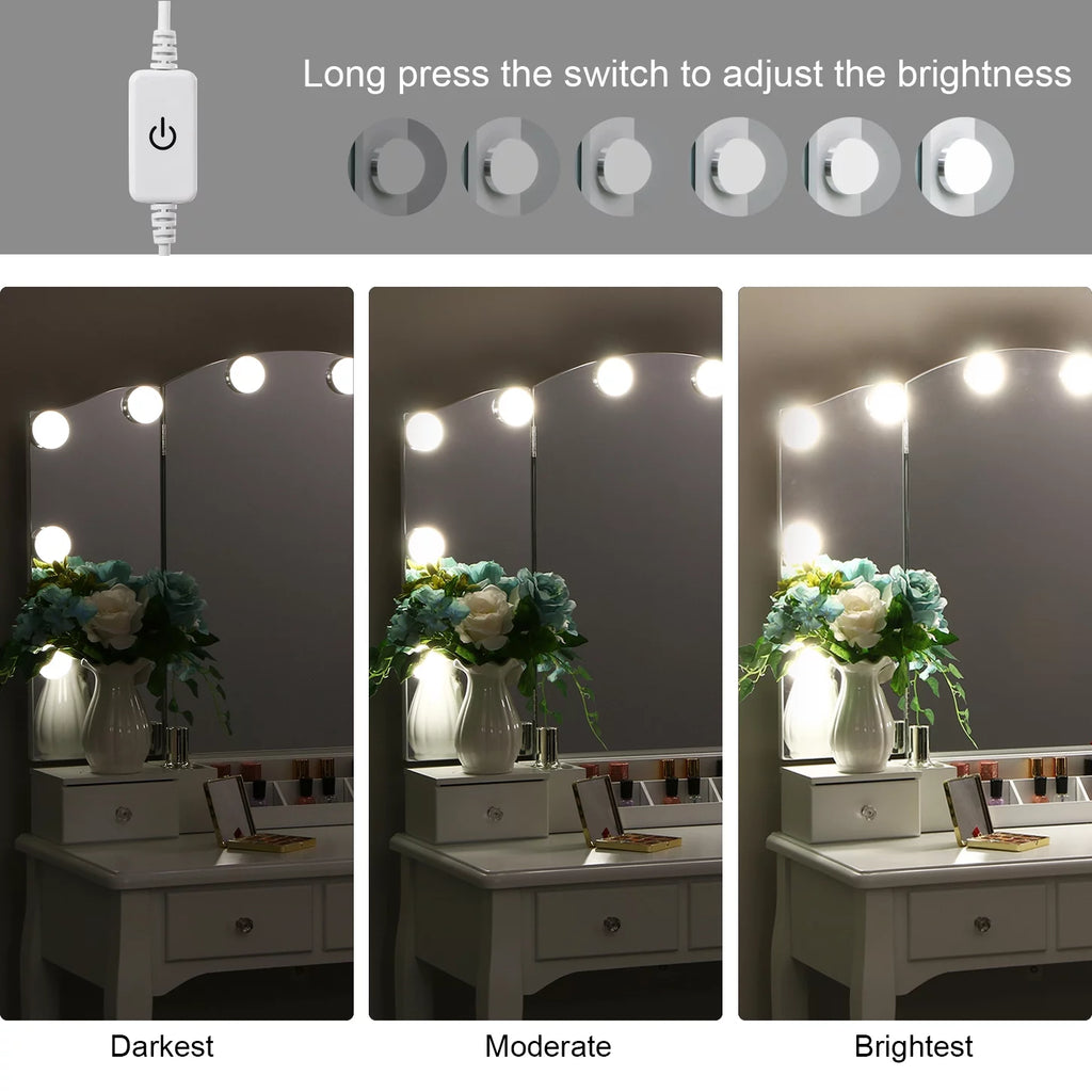White Vanity Set with Lighted Tri-Folding Mirror 5 Drawers and Stool W261825