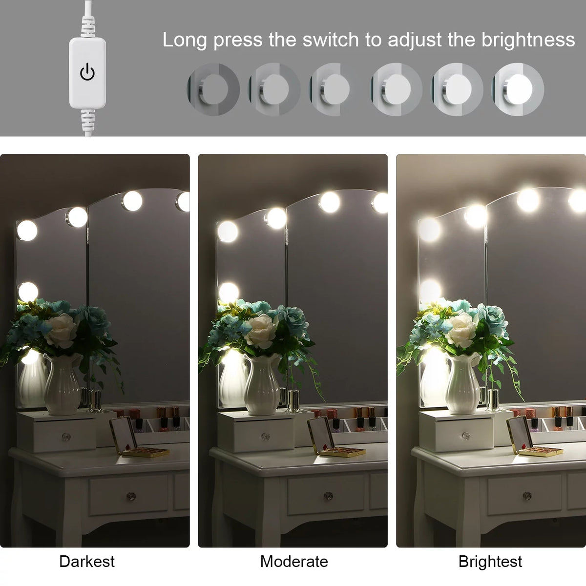 White Vanity Set with Lighted Tri-Folding Mirror 5 Drawers and Stool W261825