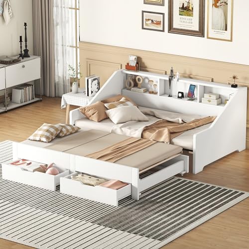White Wood Twin to King Daybed with Trundle and Storage X4111