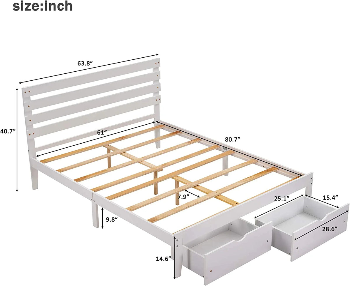 White Twin Wood Platform Bed with Storage Drawer D54928