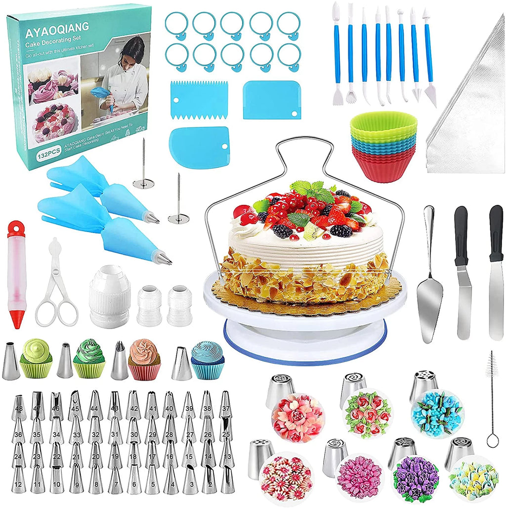 132 Pcs Cake Decorating Kit with Turntable and Piping Bags and Tips W4263