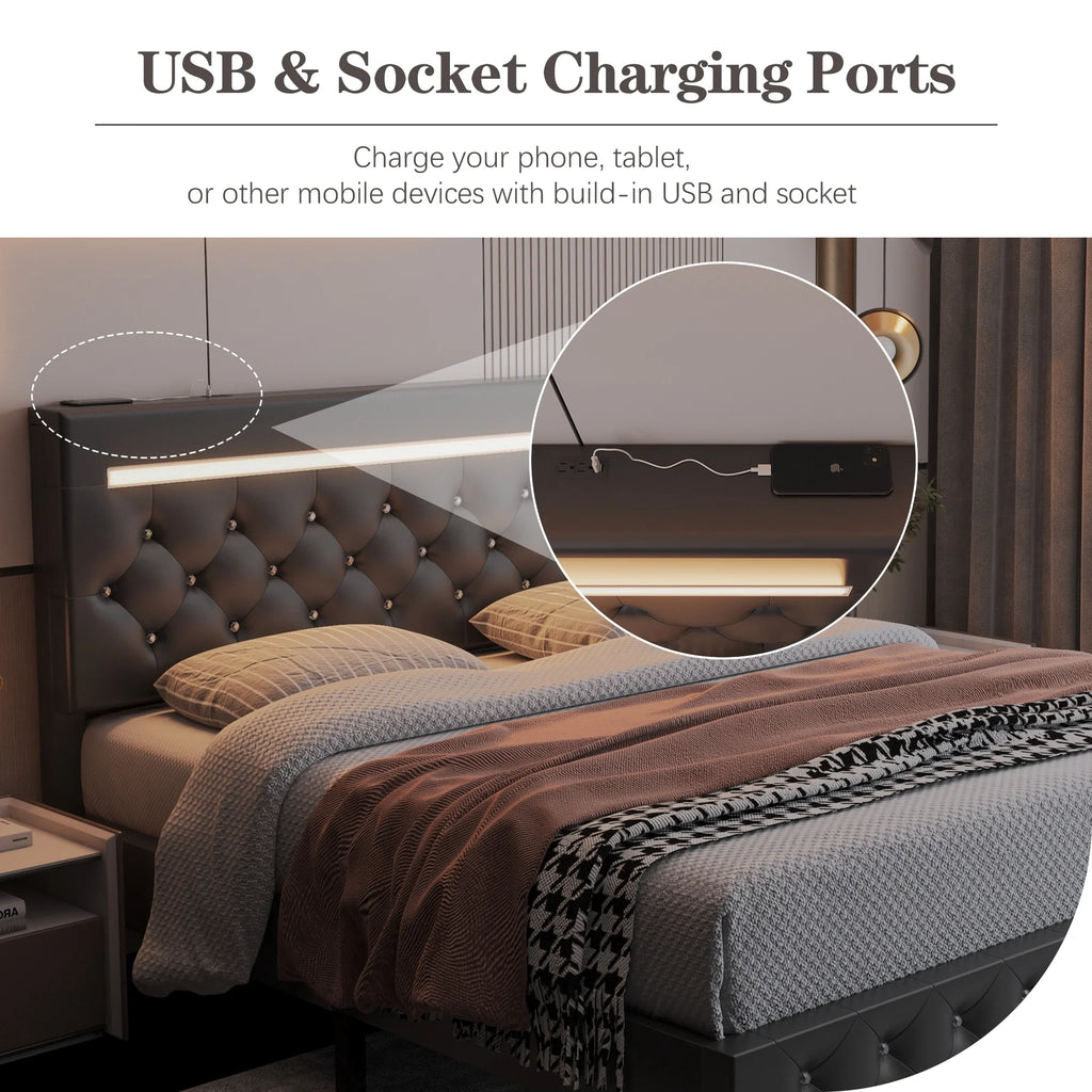 Queen Size Upholstered Platform Bed Frame with Headboard J23155