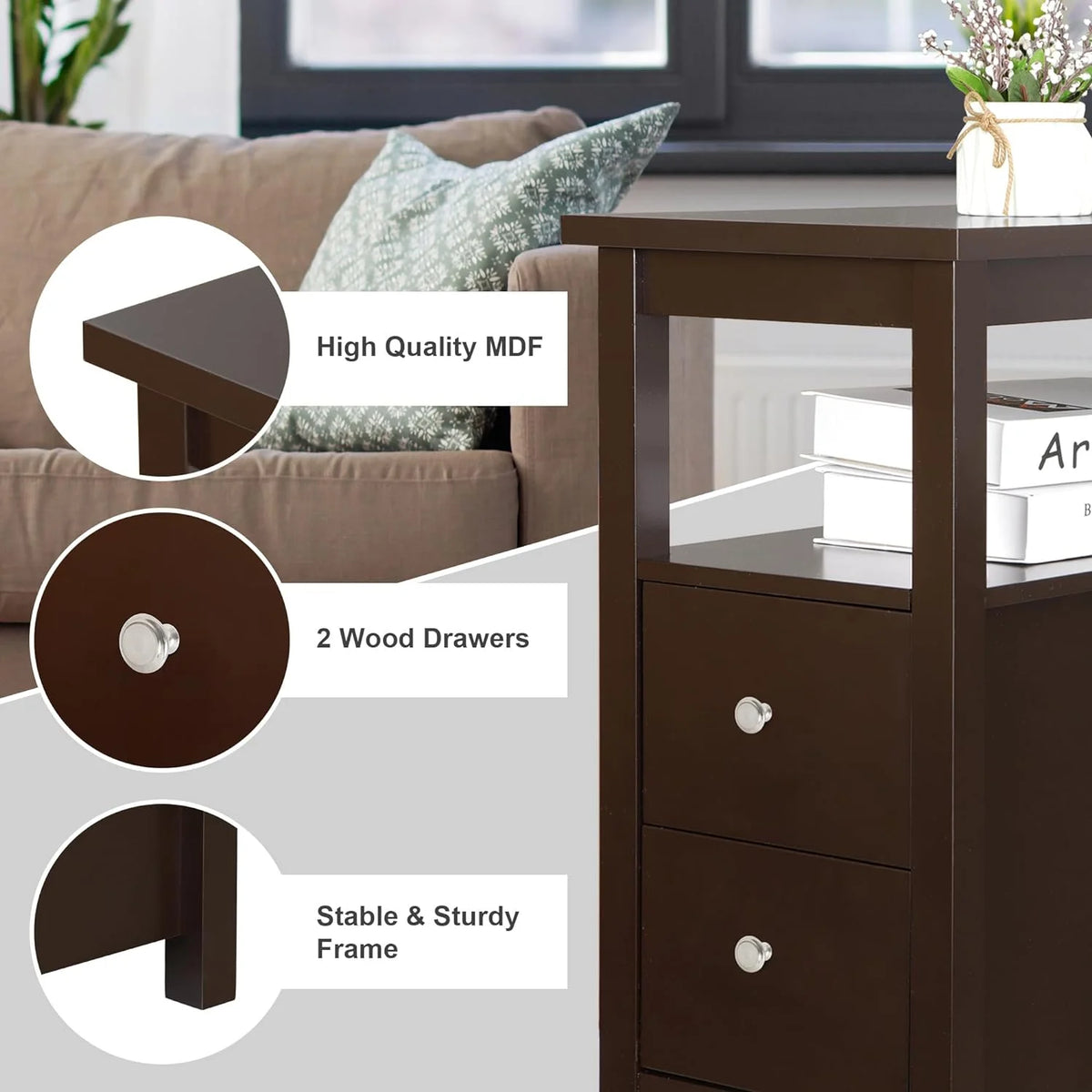 Wooden End Table with Drawer and Storage Shelf D12387