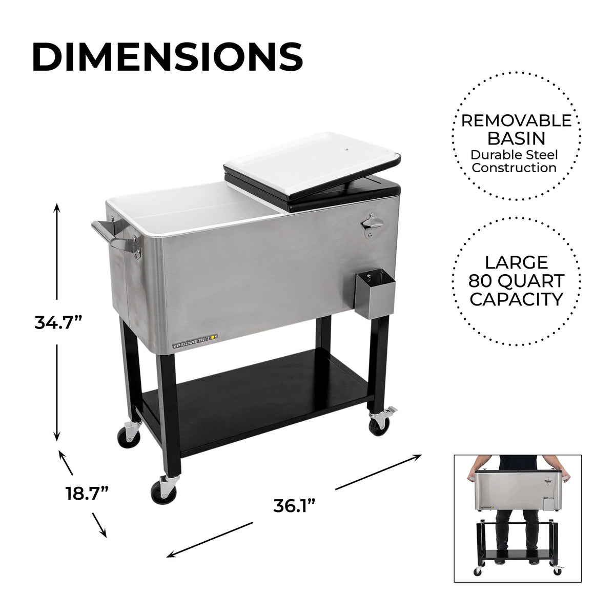 80-Qt Steel Rolling Patio Cooler with Removable Basin T1042