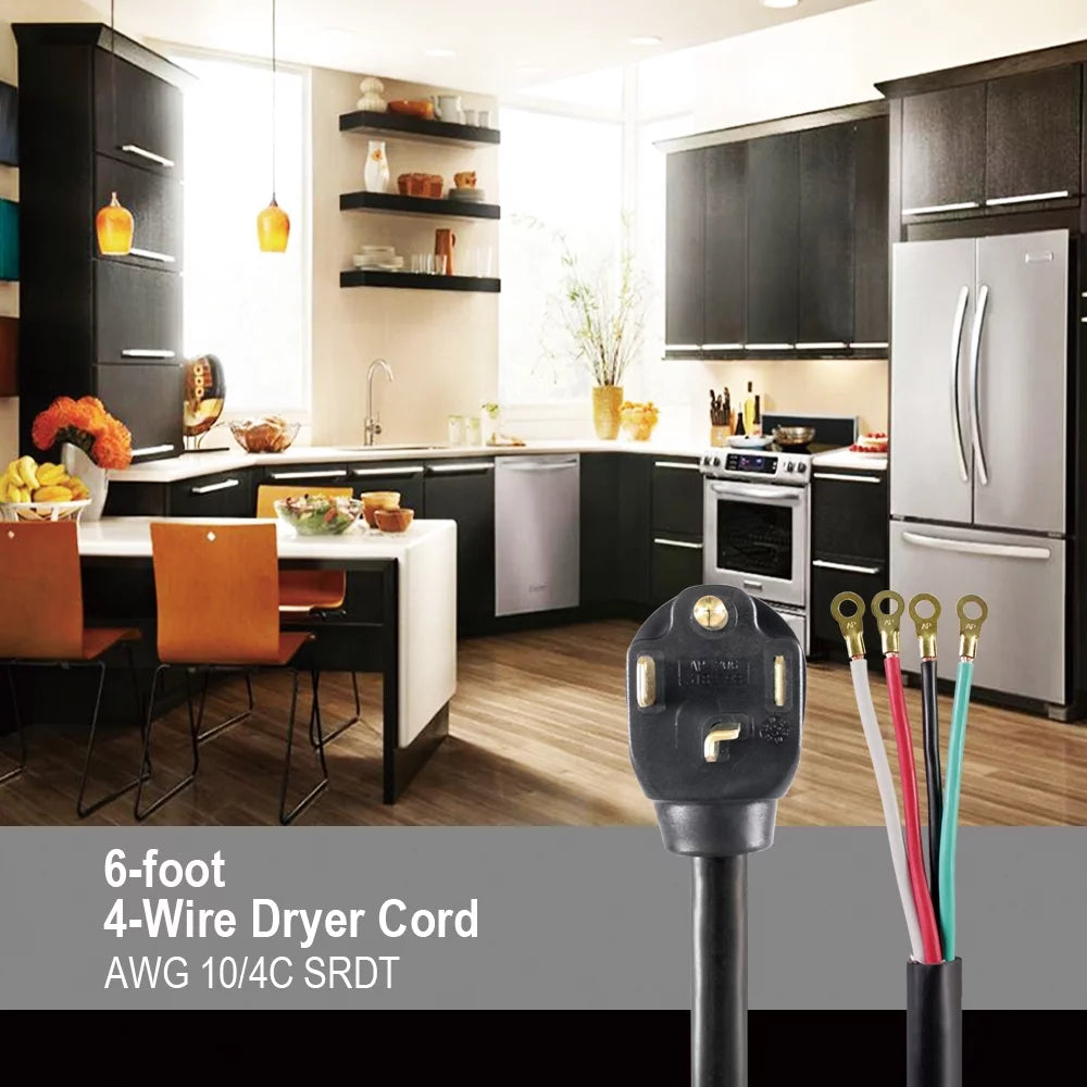 Black 6FT 10AWG 4 Prong Dryer Appliance Cord U7071