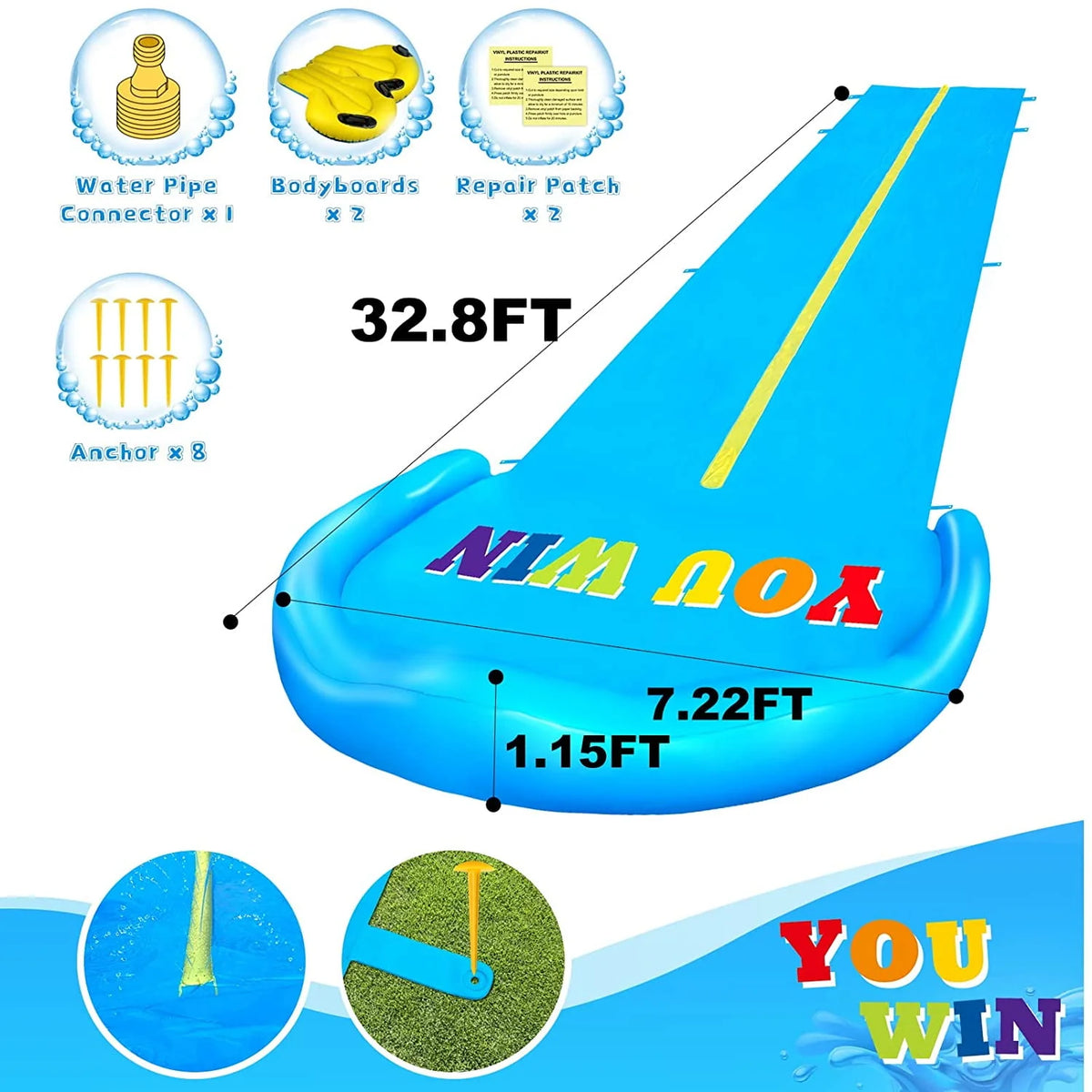 32.8FT Inflatable Water Slide with 2 Bodyboards & 2 Racing Lanes Y595406