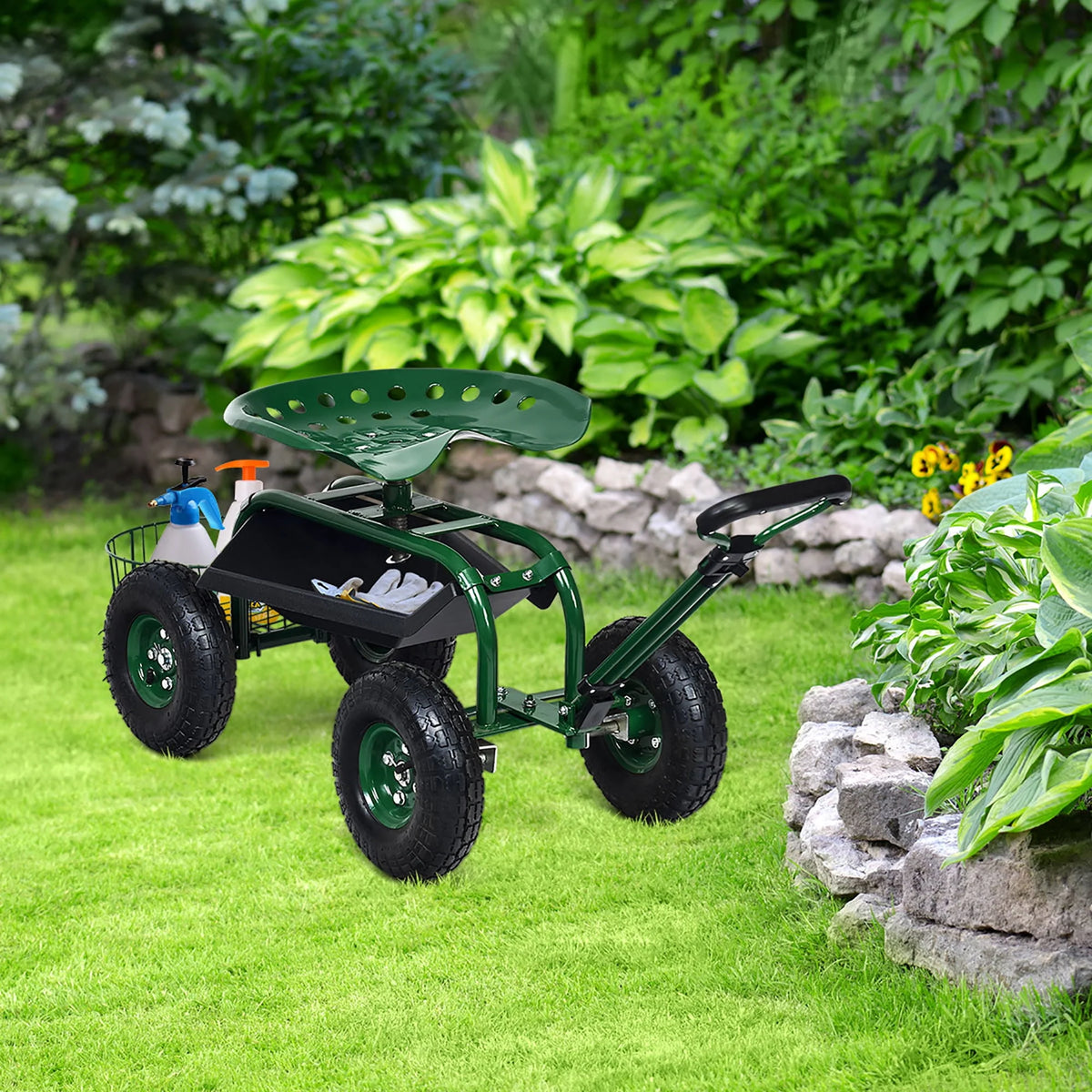 Green Garden Cart Rolling Work Seat with Tray Basket X642
