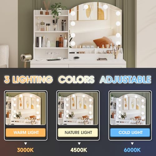 White Makeup Vanity Desk with Lights and Charging Station J98536