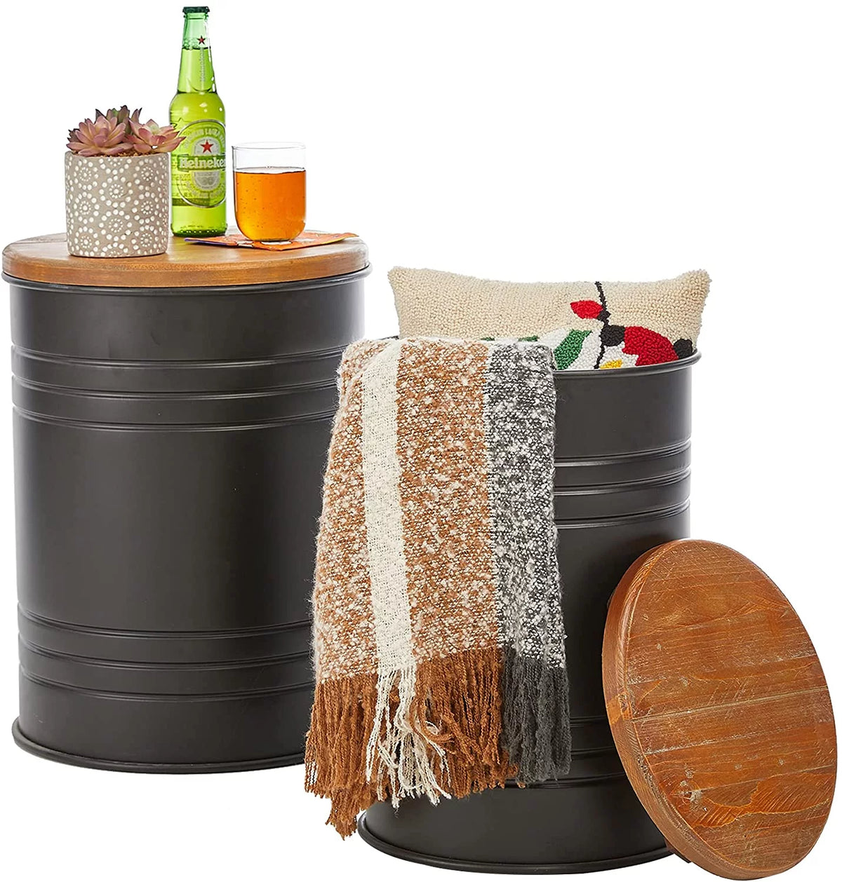 Rustic Storage Ottoman Seat Stool Metal Side Table with Wood Lid Y372891