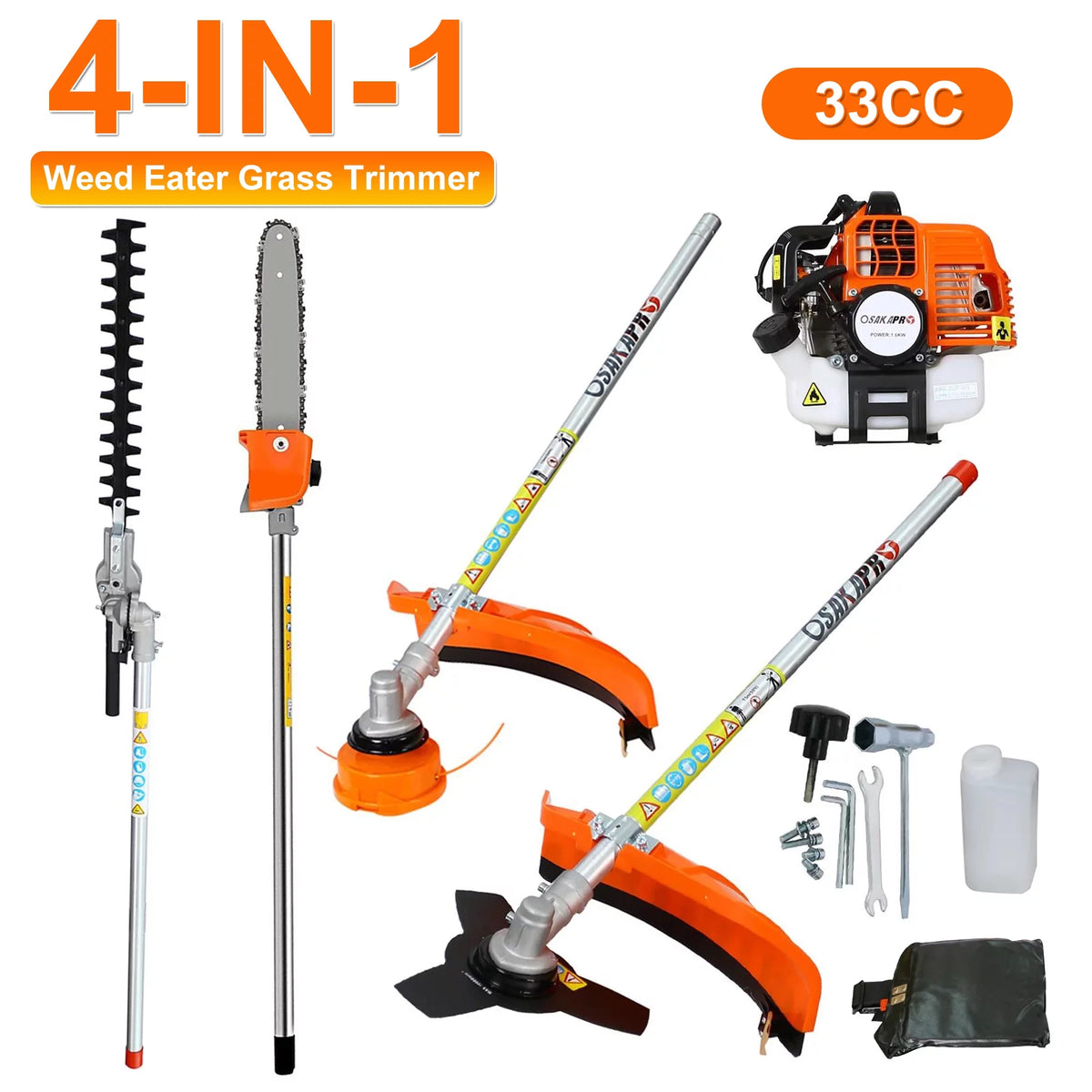 4 in 1 Gas String Trimmer with Pole Saw, Hedge Trimmer and Brush Cutter, 33CC 2-Cycle L484