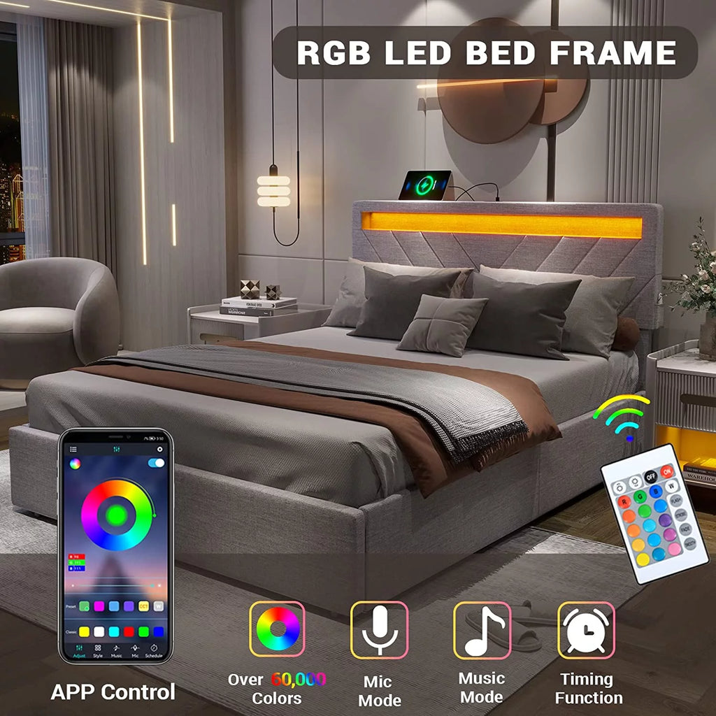Queen Bed Frame with 2 USB Charging Station & 4 Storage Drawers, LED Upholstered, Dark Grey Y890
