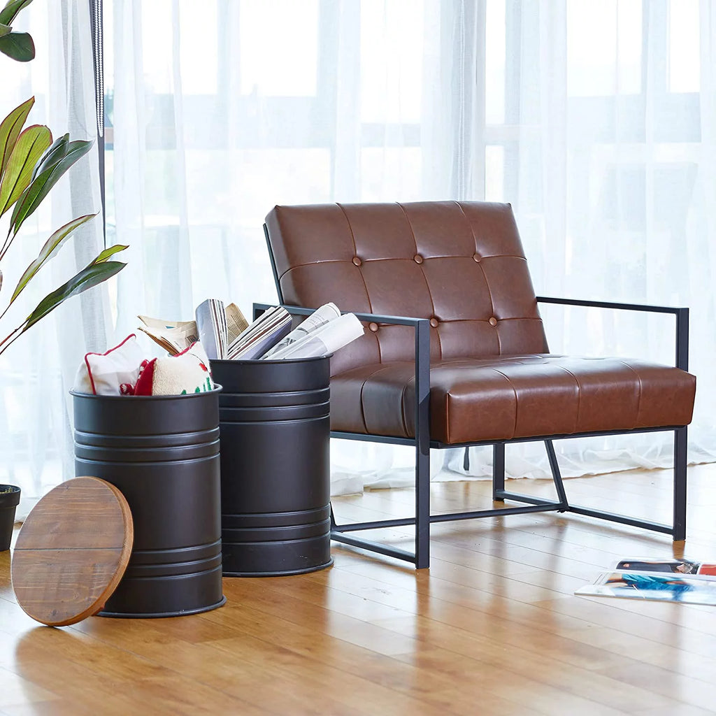 Rustic Storage Ottoman Seat Stool Metal Side Table with Wood Lid Y372891