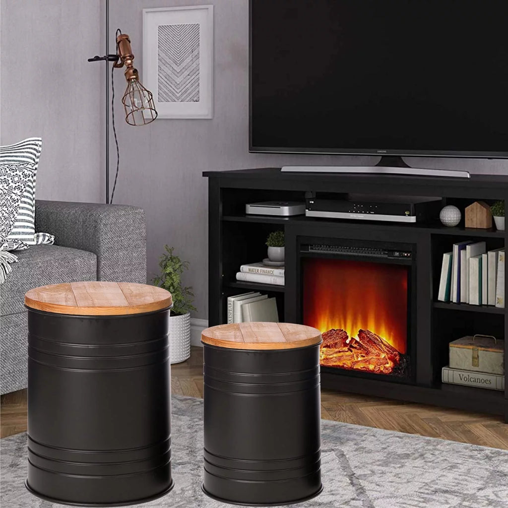 Rustic Storage Ottoman Seat Stool Metal Side Table with Wood Lid Y372891