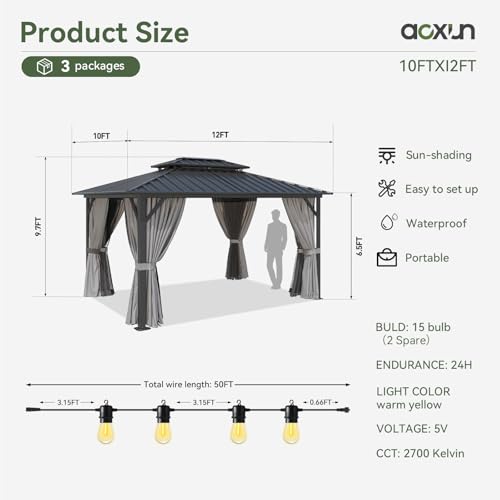 10x12 Aluminum Gazebo with Steel Roof and Netting P3641