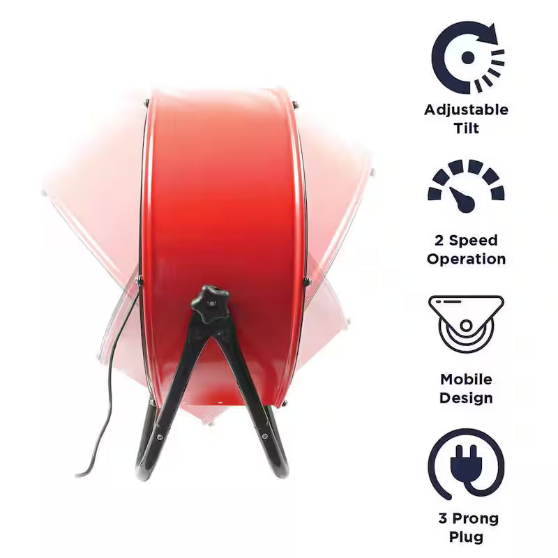 2 Fan Speeds Drum Fan in Red with Snap-On Wheels H4427