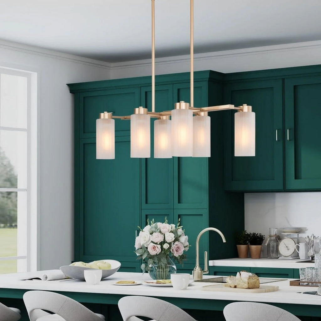 Mid-century Modern 6-Light Gold Linear Chandelier Glass Island Lights H592
