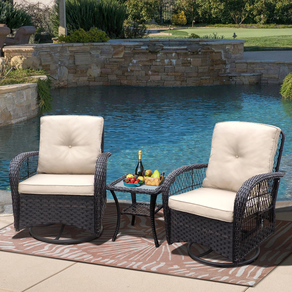Khaki Wicker Swivel Rocker Chairs with Table Y867