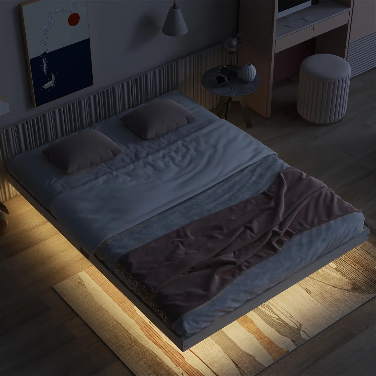 Queen Size Floating Bed Frame with LED Lights Y26907