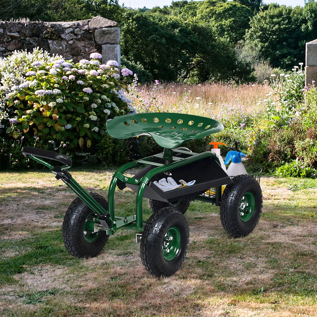 Green Garden Cart Rolling Work Seat with Tray Basket X642