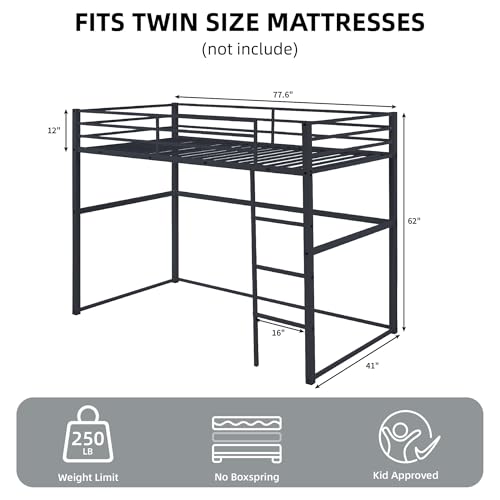 Twin Size Metal Loft Bed with Safety Guard Rails & Flat Ladder C969769