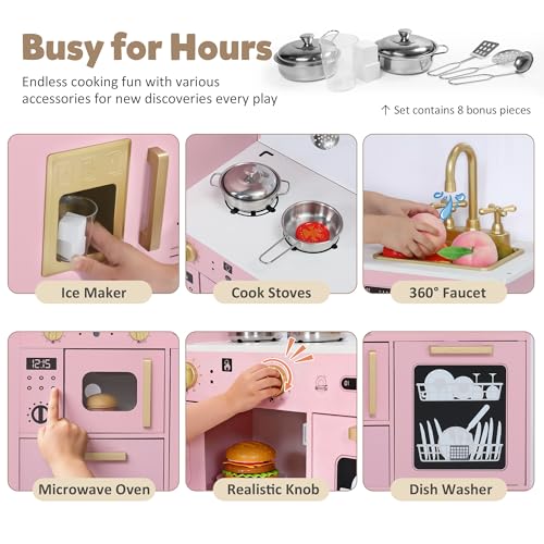 Wooden Play Kitchen Set with Sink, Microwave, Ice Maker, Dishwasher, Pink E9629