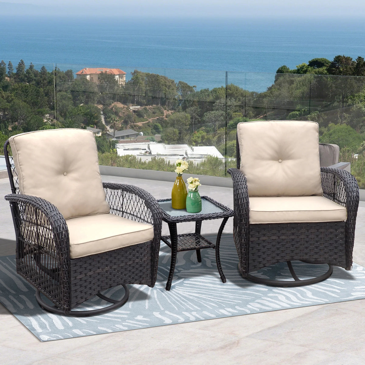 Khaki Wicker Swivel Rocker Chairs with Table Y867