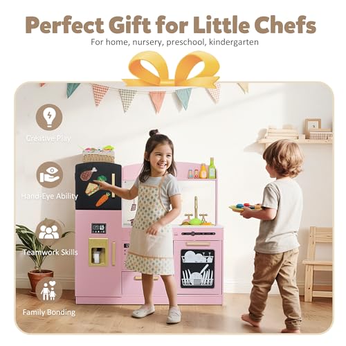 Wooden Play Kitchen Set with Sink, Microwave, Ice Maker, Dishwasher, Pink E9629