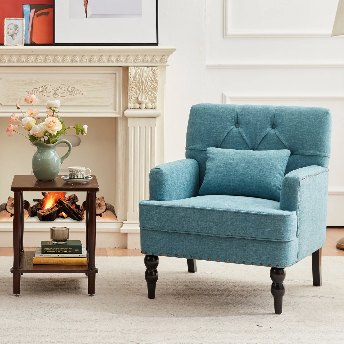 Lake Blue Linen Fabric Upholstered Accent Chair with Ottoman T56635