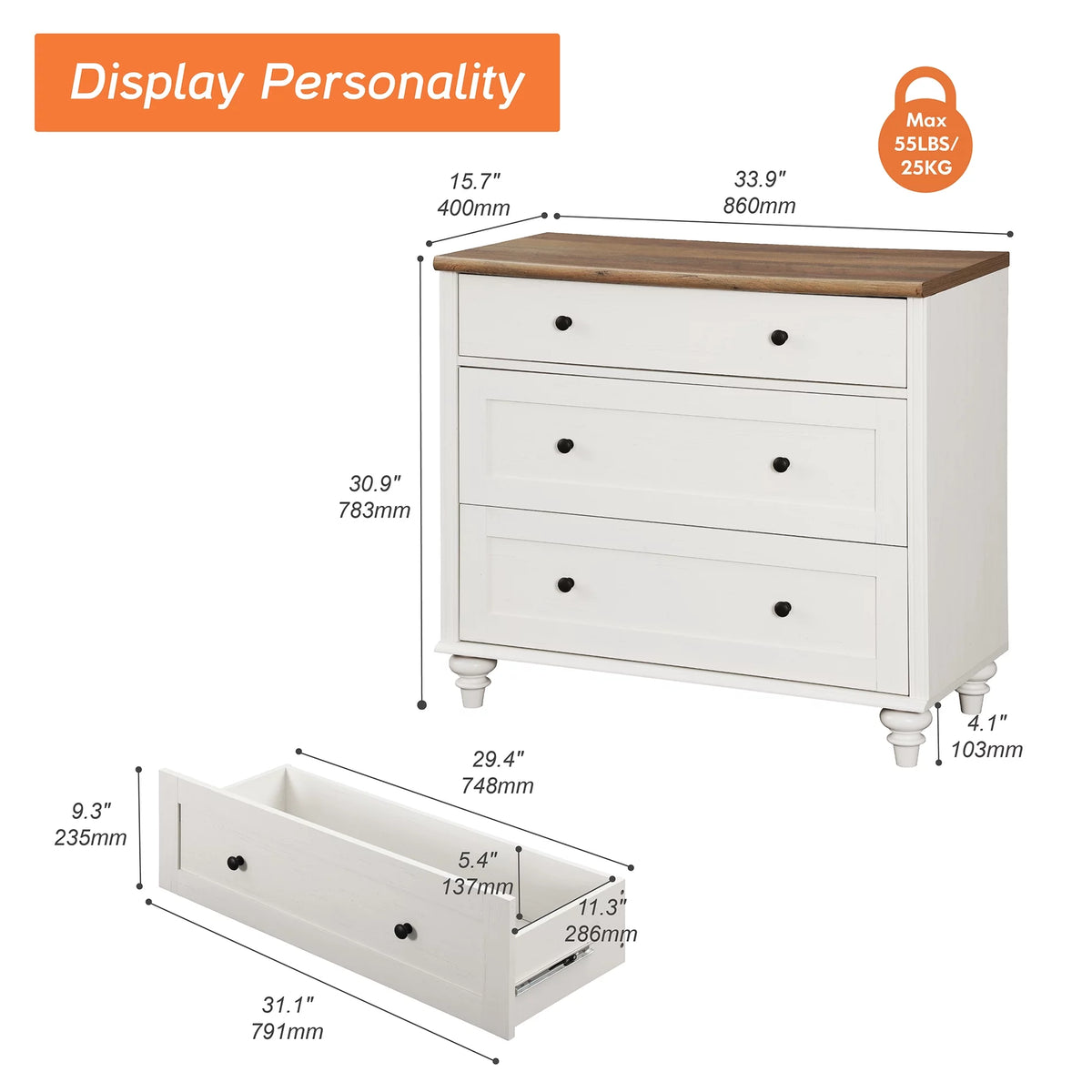 White 3 Drawer Wood Dresser K1225