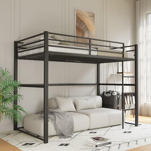 Twin Size Metal Loft Bed with Safety Guard Rails & Flat Ladder C969769