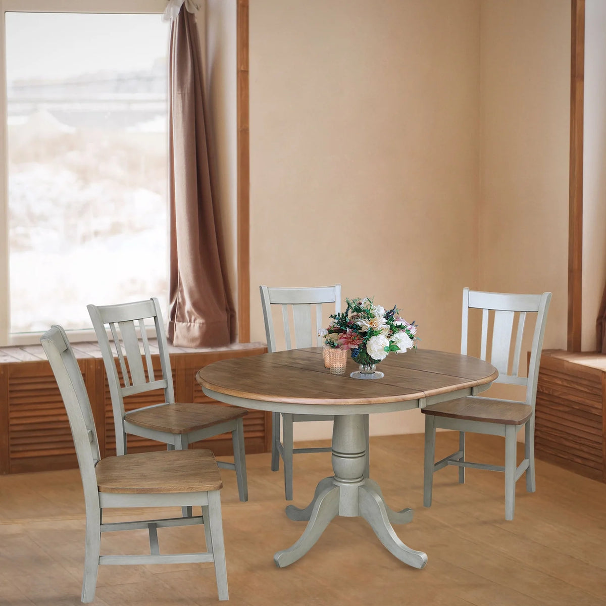 36" Round Wood Extension Dining Table With 4 Chairs A538003