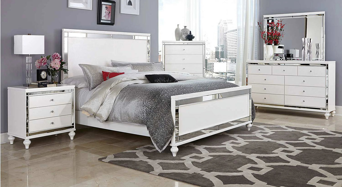 5 Drawer Chest in White Embossed Alligator & Mirror I91336