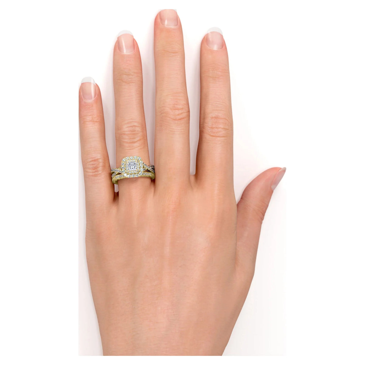 1.25 ct Square Moissanite Double Halo Wedding Ring Set in Yellow Gold over Silver J197398